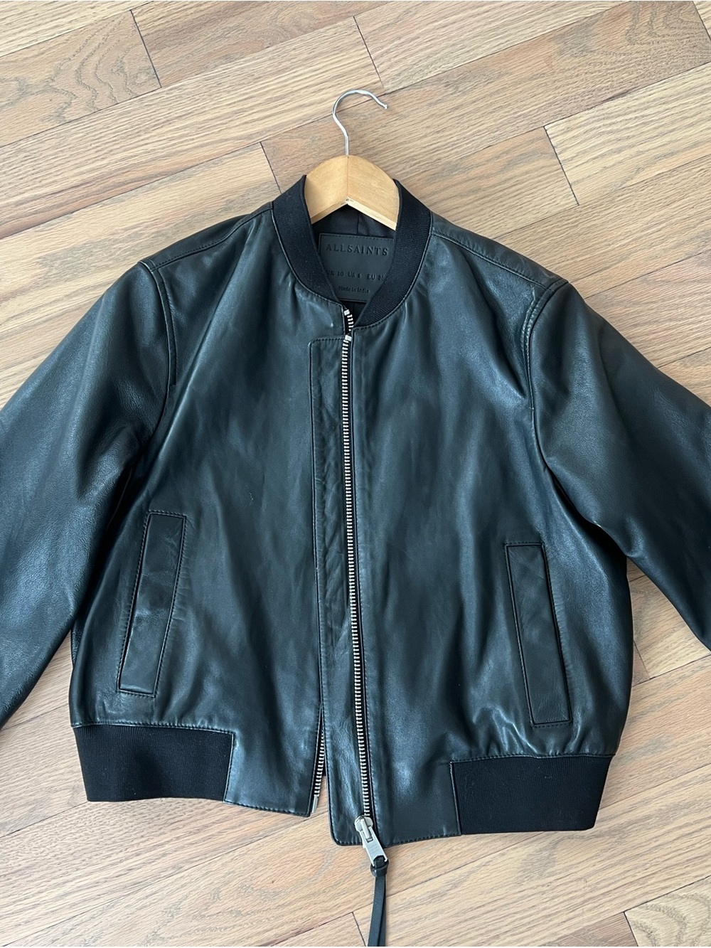 All Saints Black Leather Bomber with Ribbed Trim